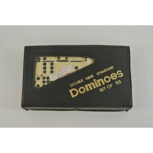 Double Nine Standard Dominoes Black Dot Set of 55 + Instructions & Case Vtg